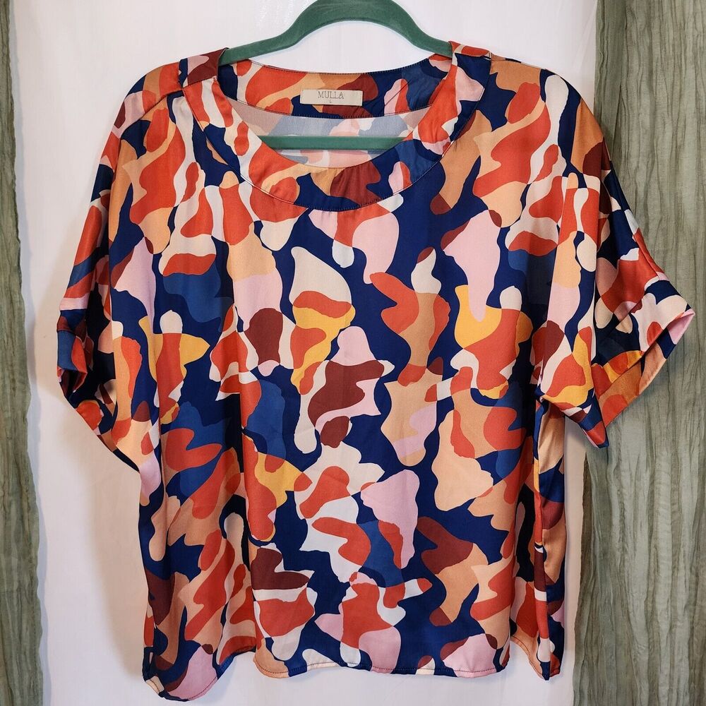 MULLA Vibrant Blue Red Multicolor Bouncy Lightweight Short Sleeve Blouse Size L